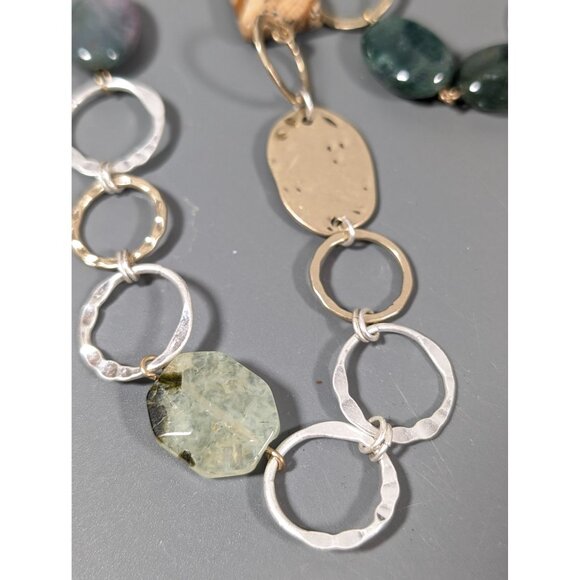 Boho Two Tone Hammered Rutliated Quartz Green Brown Jasper Stone Necklace 38" - Picture 3 of 8